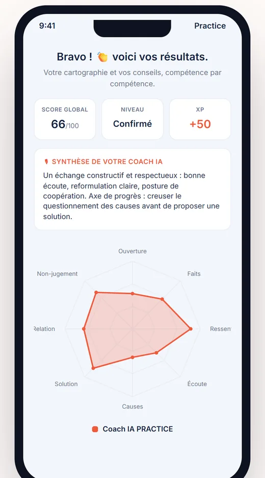Practice, simulateur de vente par IA : résultats de l'entraînement sur mobile.